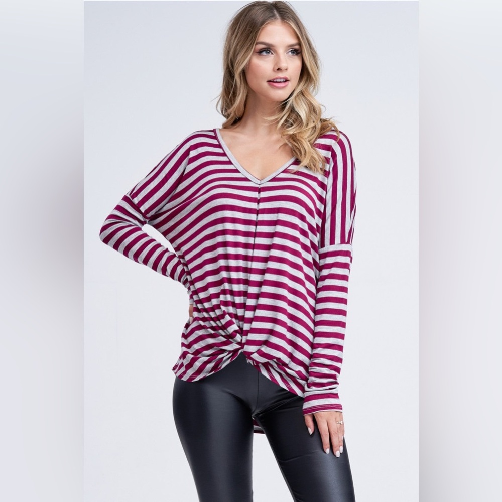 NWT White Birch Front Knotted Striped Long Sleeve Top, Burgundy/Gray - Picture 5 of 6